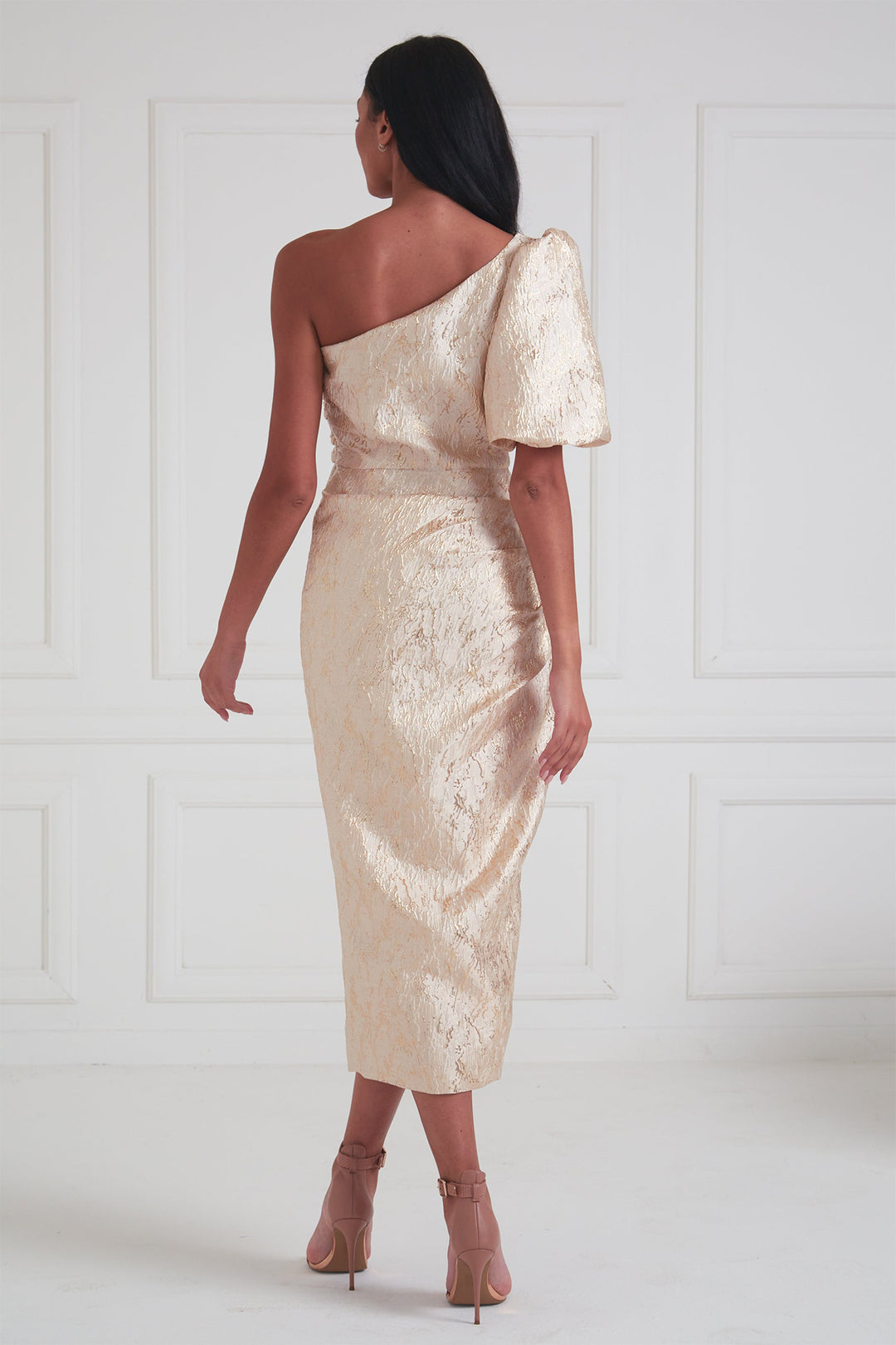 The 8th Sign Diana Gold One Shoulder Ruched Midi Dress, back