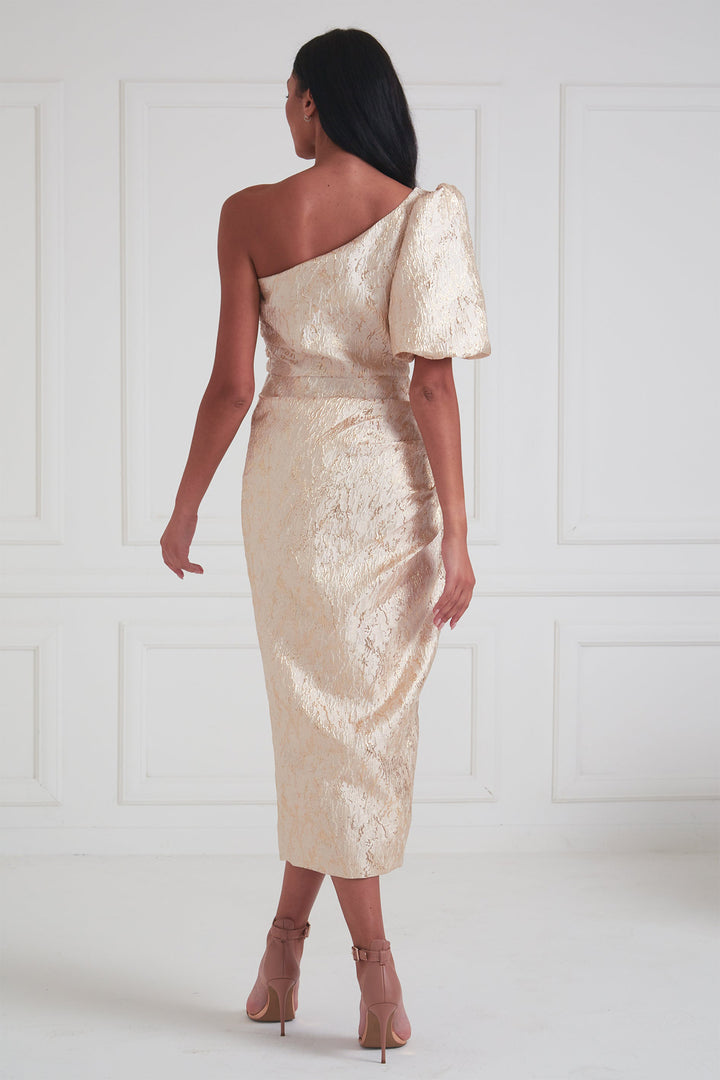 The 8th Sign Diana Gold One Shoulder Ruched Midi Dress, back