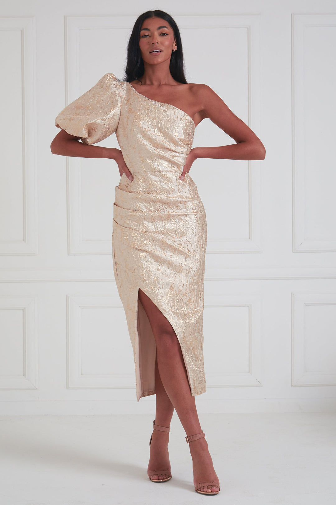 The 8th Sign Diana Gold One Shoulder Ruched Midi Dress, front pose