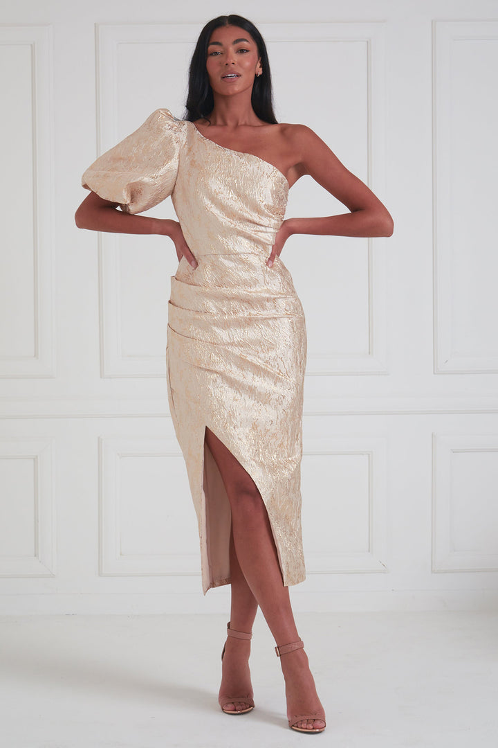 The 8th Sign Diana Gold One Shoulder Ruched Midi Dress, front pose