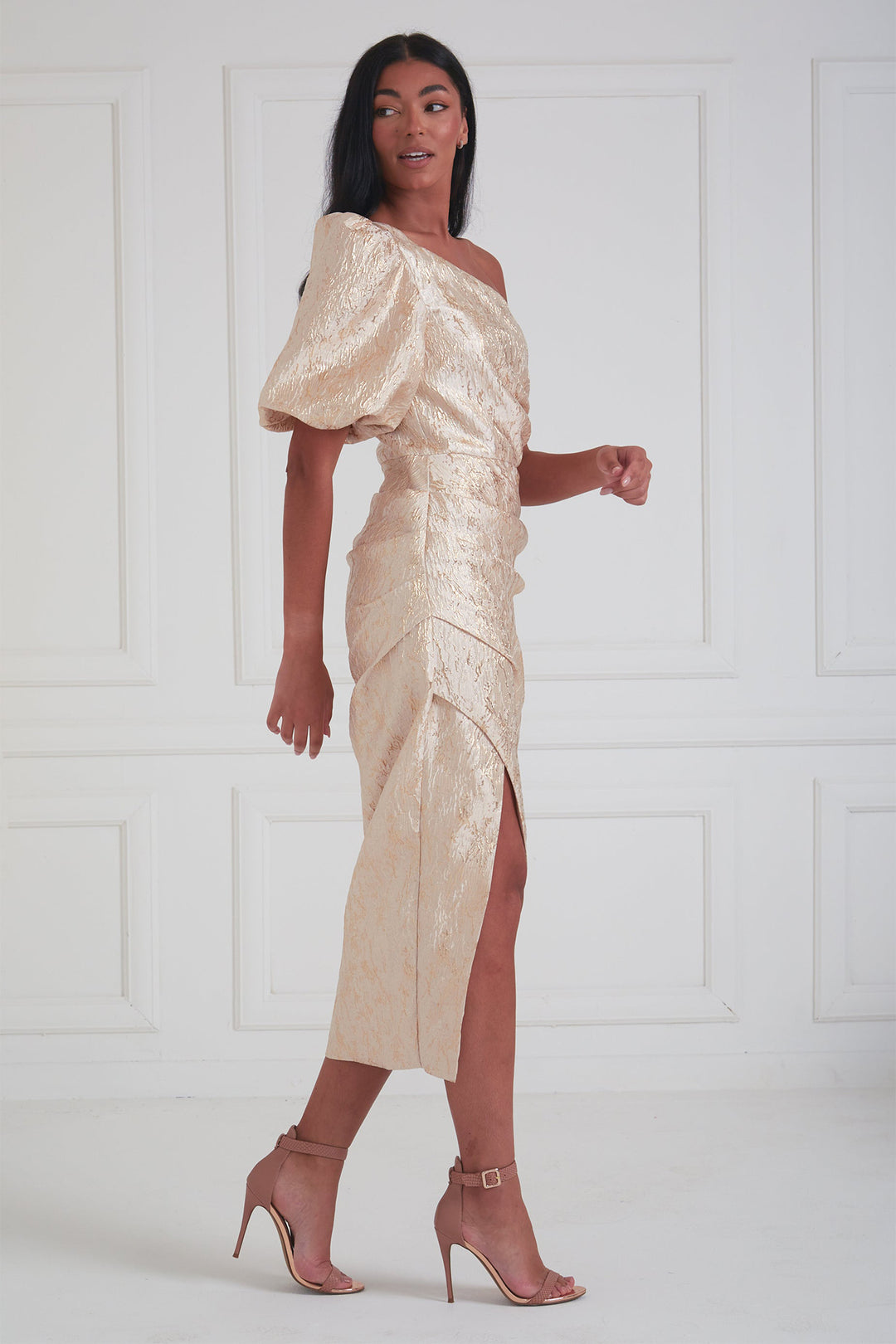 The 8th Sign Diana Gold One Shoulder Ruched Midi Dress, side