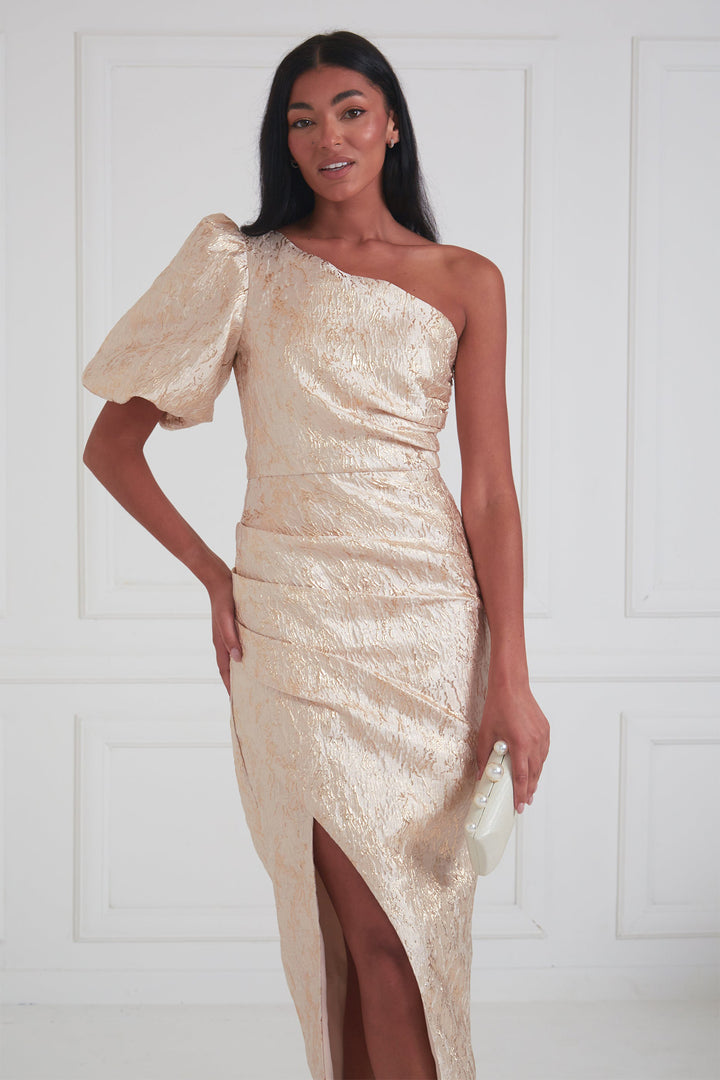 The 8th Sign Diana Gold One Shoulder Ruched Midi Dress, close-up