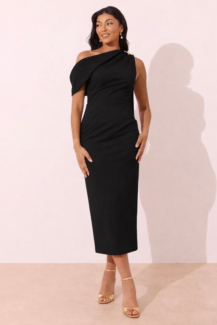 The 8th Sign Eleni Black Drape Midi Dress, front