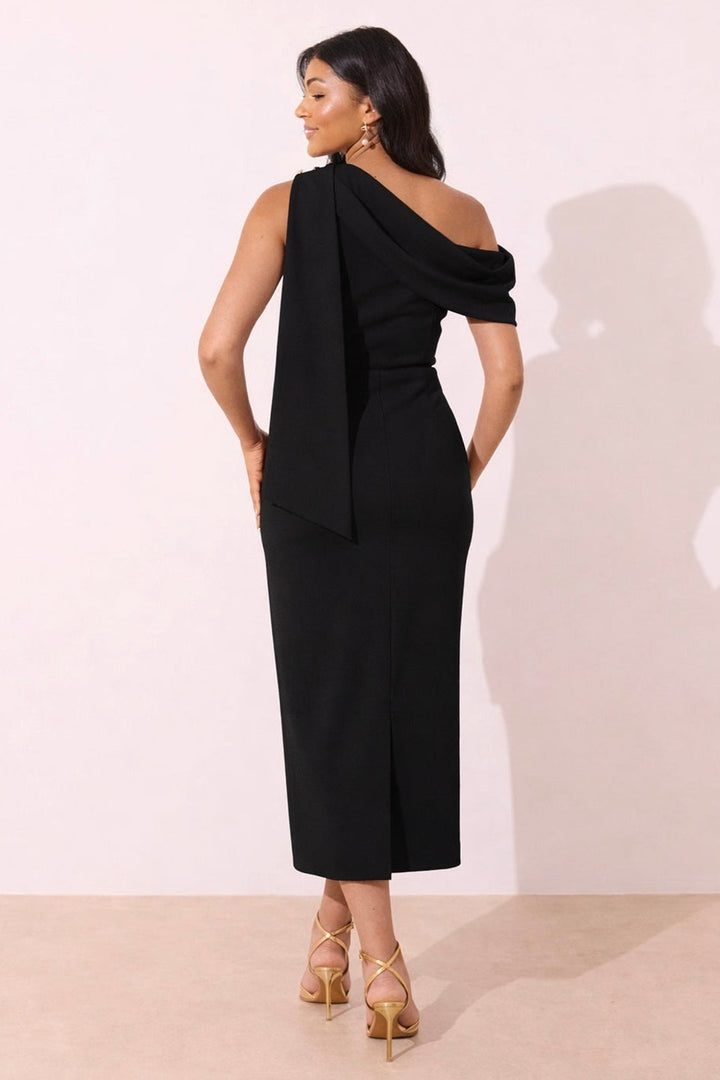 The 8th Sign Eleni Black Drape Midi Dress, back
