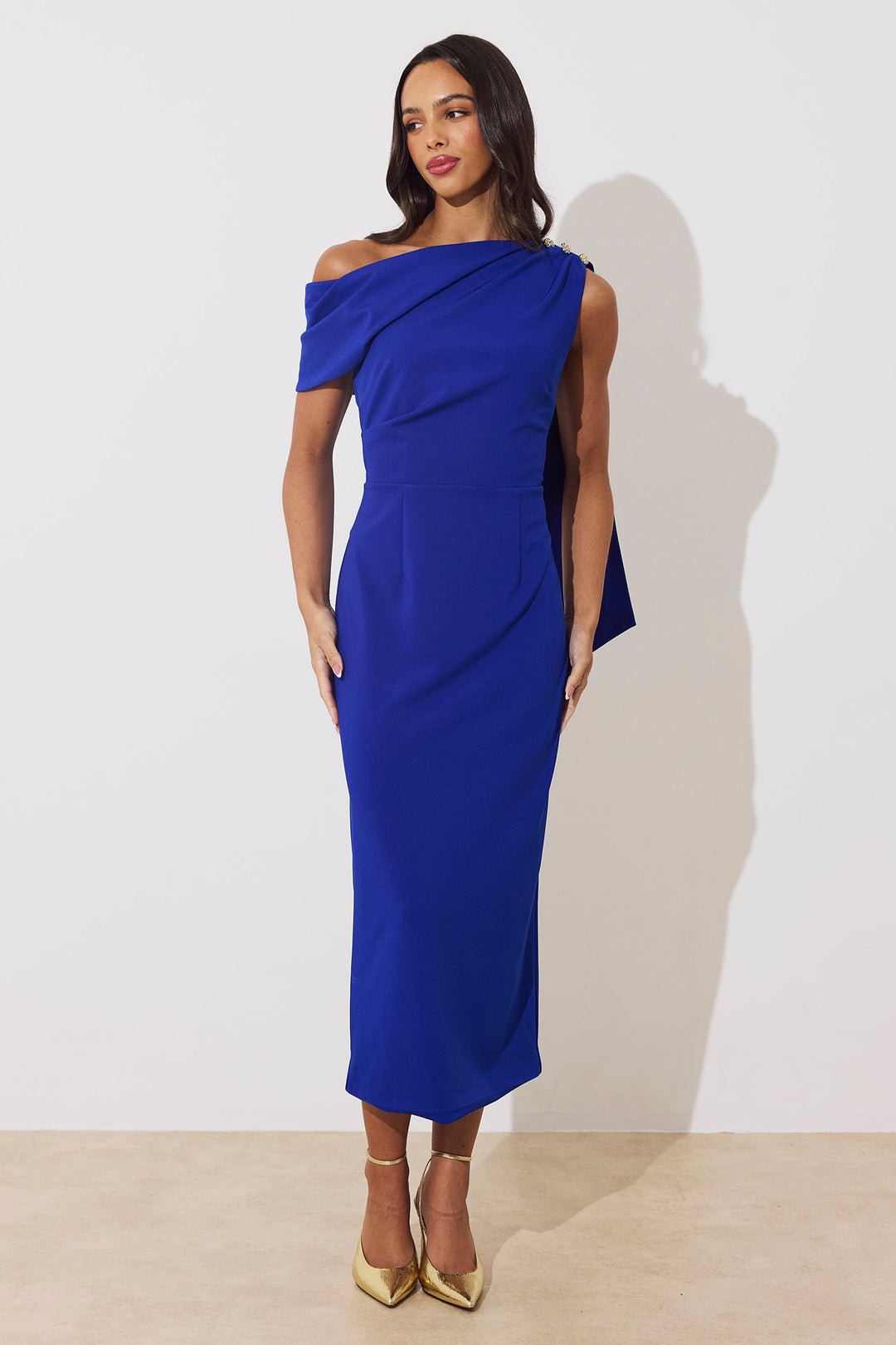 The 8th Sign Eleni Royal Blue Drape Midi Dress, front