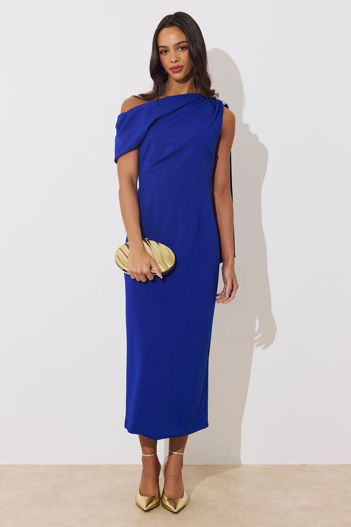 The 8th Sign Eleni Royal Blue Drape Midi Dress, front pose