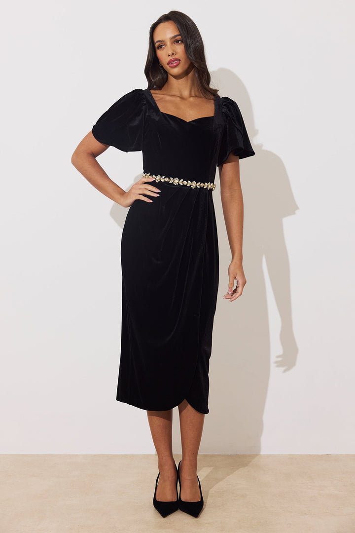 The 8th Sign Solana Black Velvet Embellished Midi Dress, front