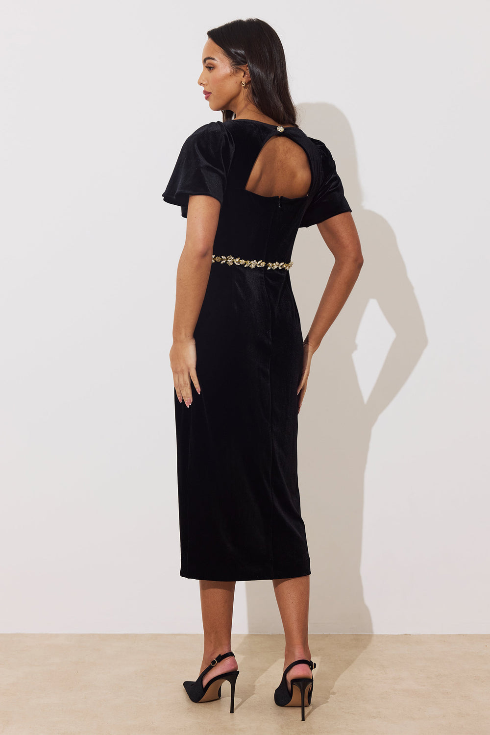 The 8th Sign Solana Black Velvet Embellished Midi Dress, back