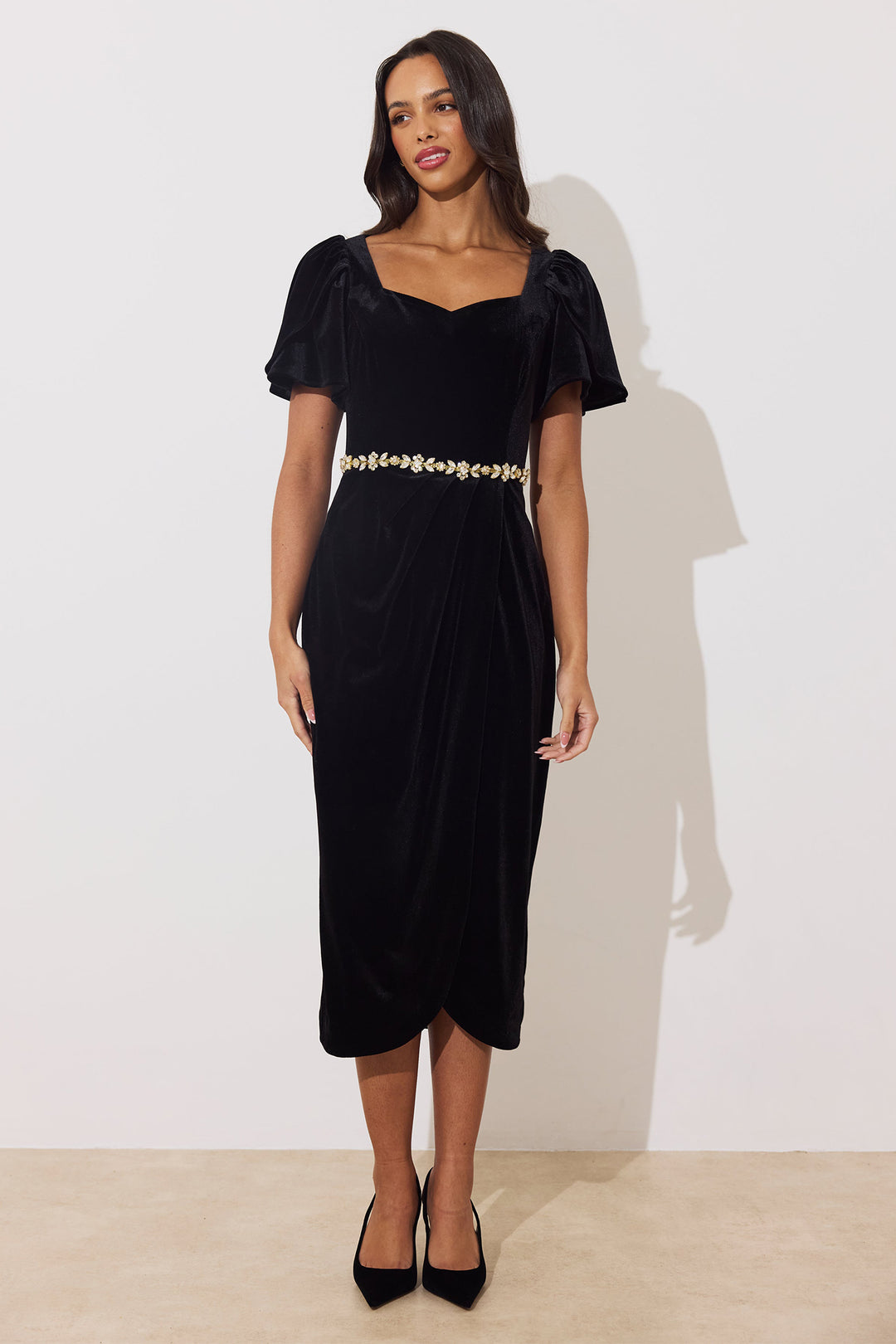 The 8th Sign Solana Black Velvet Embellished Midi Dress, front pose