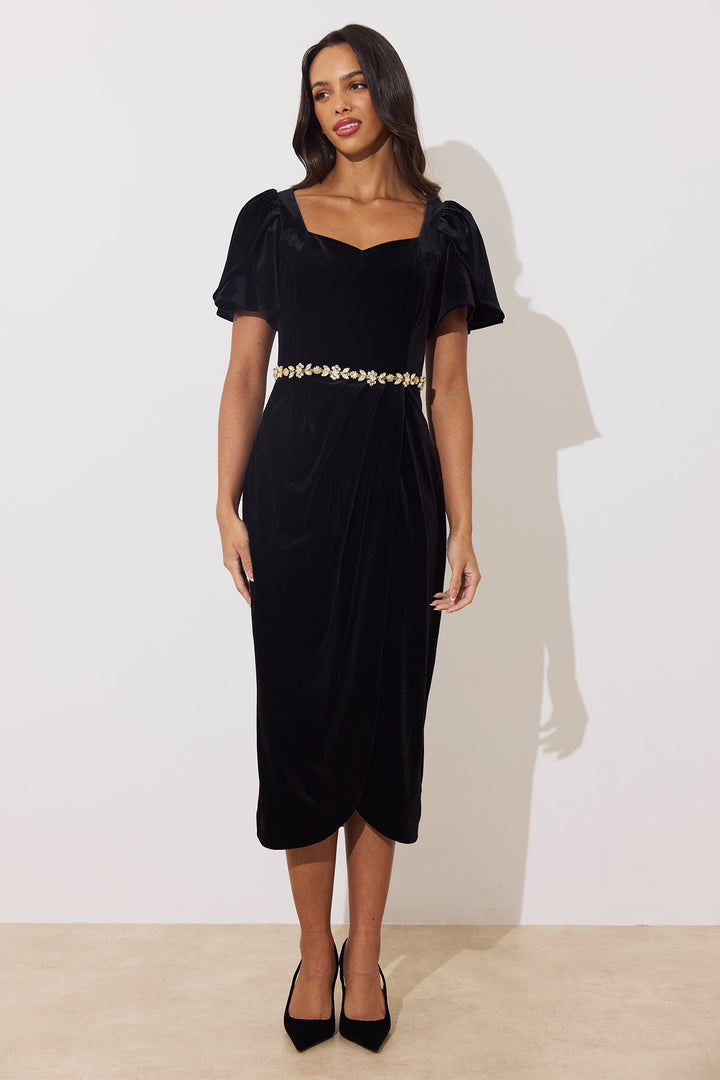 The 8th Sign Solana Black Velvet Embellished Midi Dress, front pose
