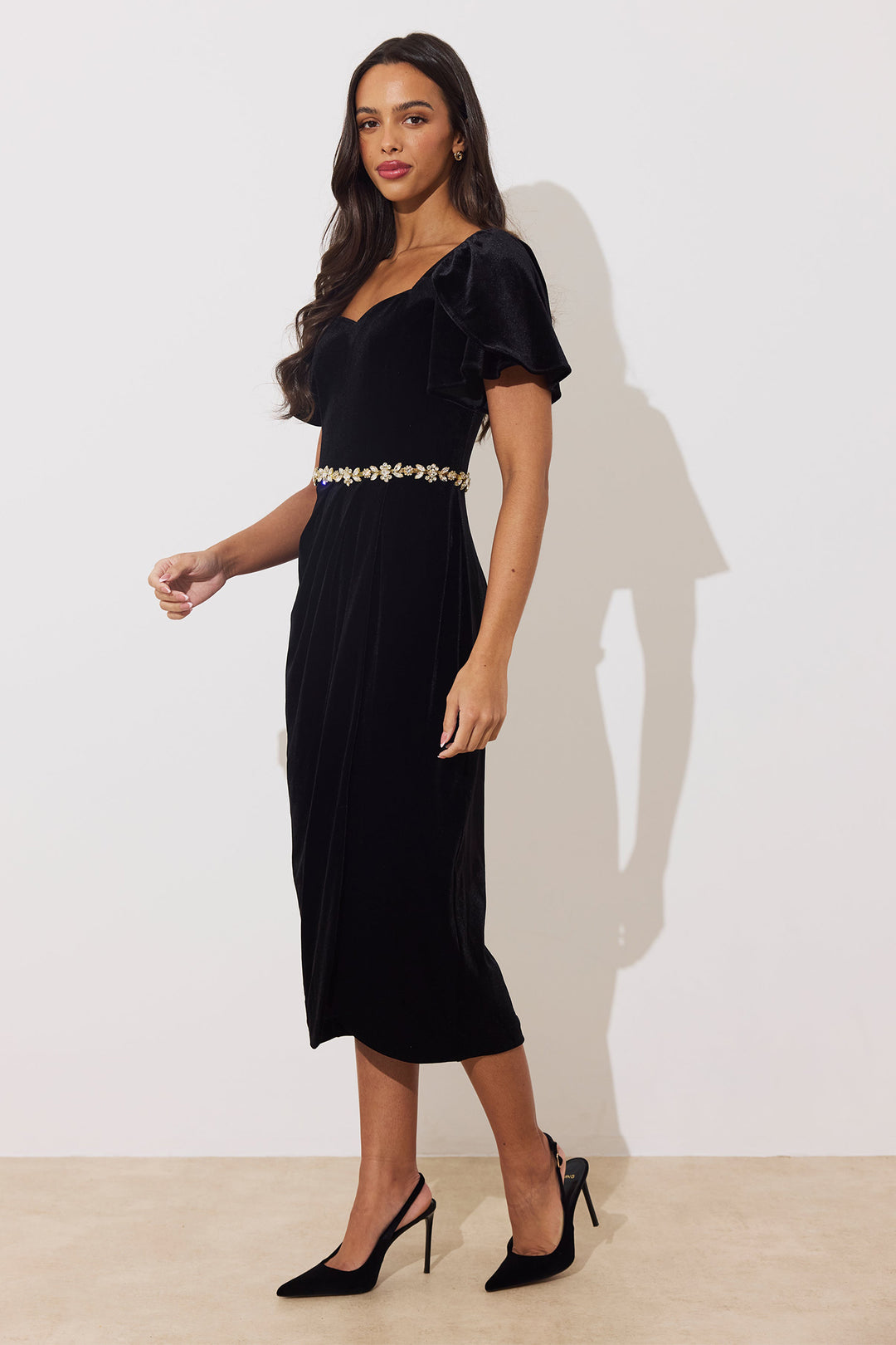 The 8th Sign Solana Black Velvet Embellished Midi Dress, three-quarter