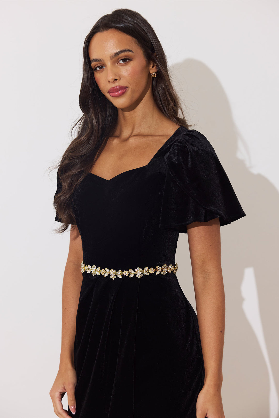 The 8th Sign Solana Black Velvet Embellished Midi Dress, close-up