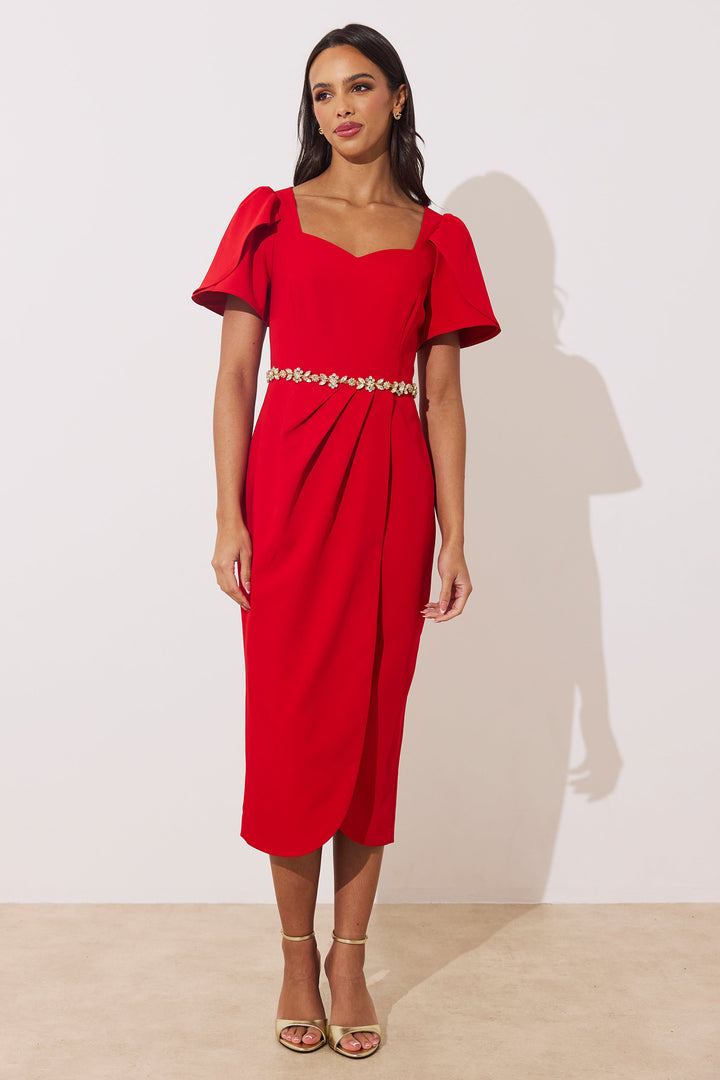 The 8th Sign Solana Red Embellished Midi Dress, front