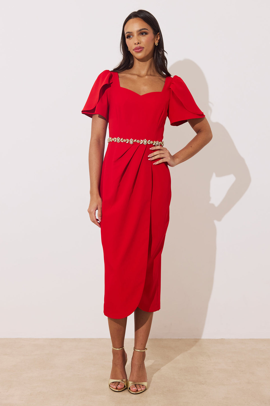 The 8th Sign Solana Red Embellished Midi Dress, front pose