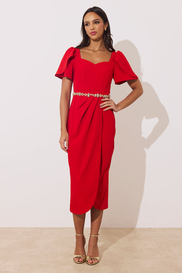 The 8th Sign Solana Red Embellished Midi Dress, front pose