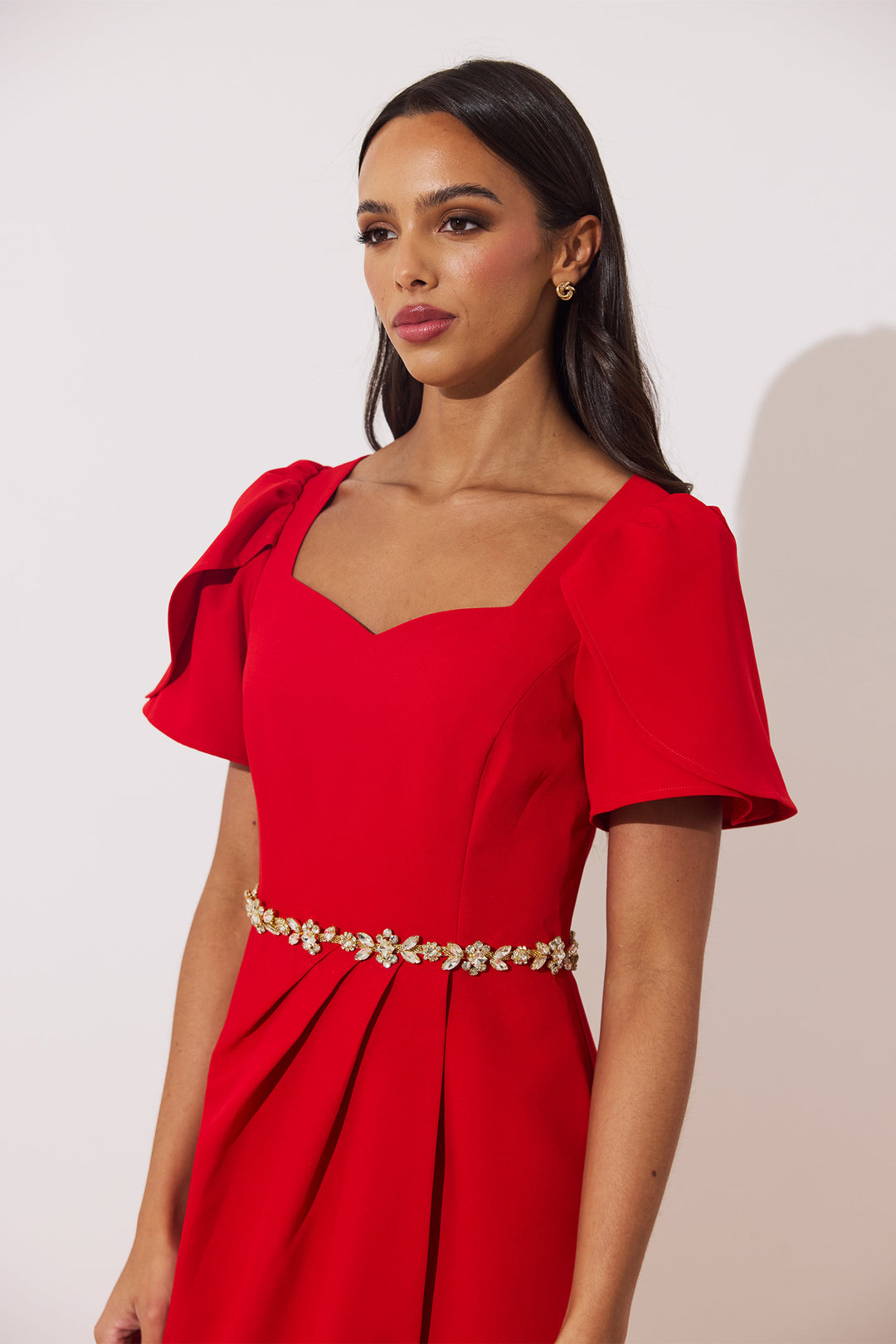 The 8th Sign Solana Red Embellished Midi Dress, close-up