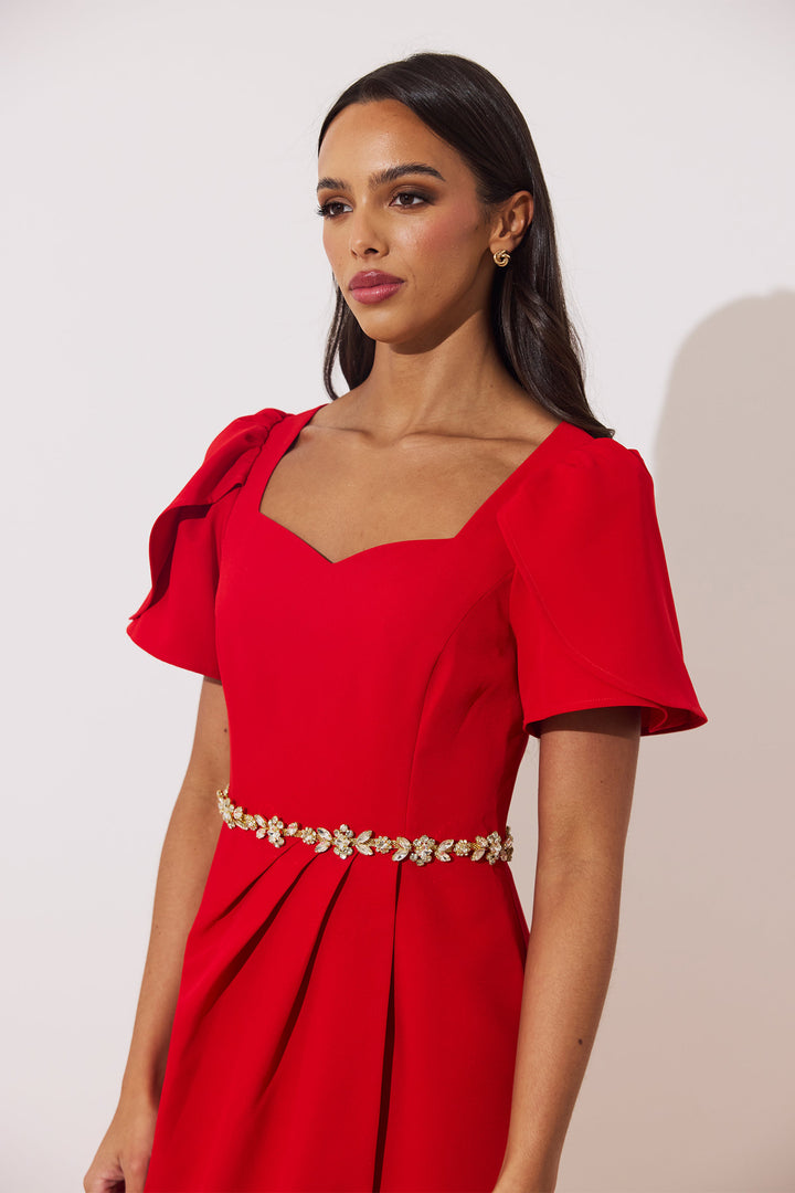 The 8th Sign Solana Red Embellished Midi Dress, close-up