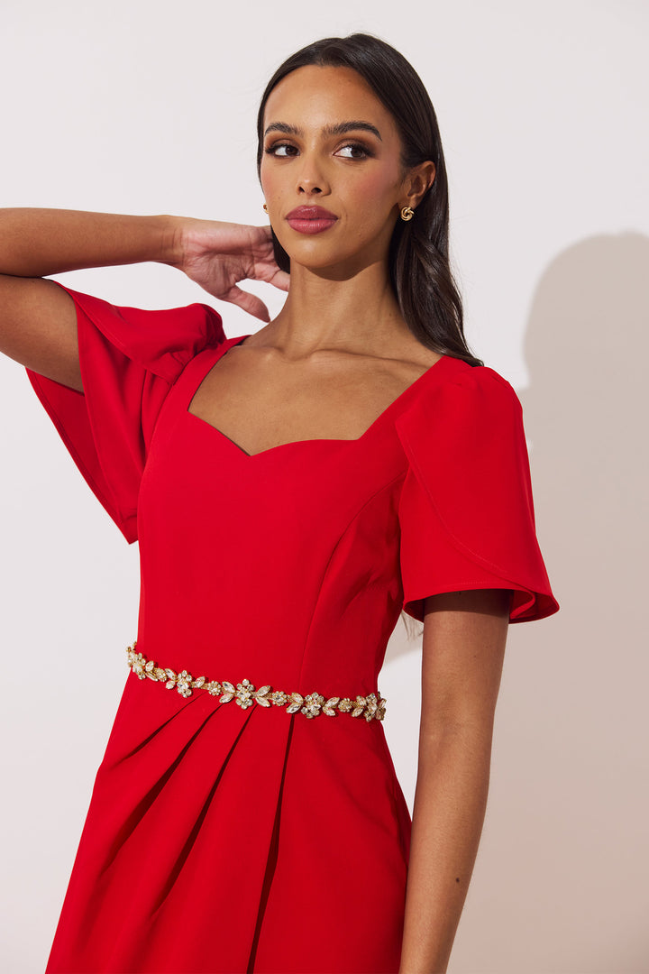 The 8th Sign Solana Red Embellished Midi Dress, sleeve detail