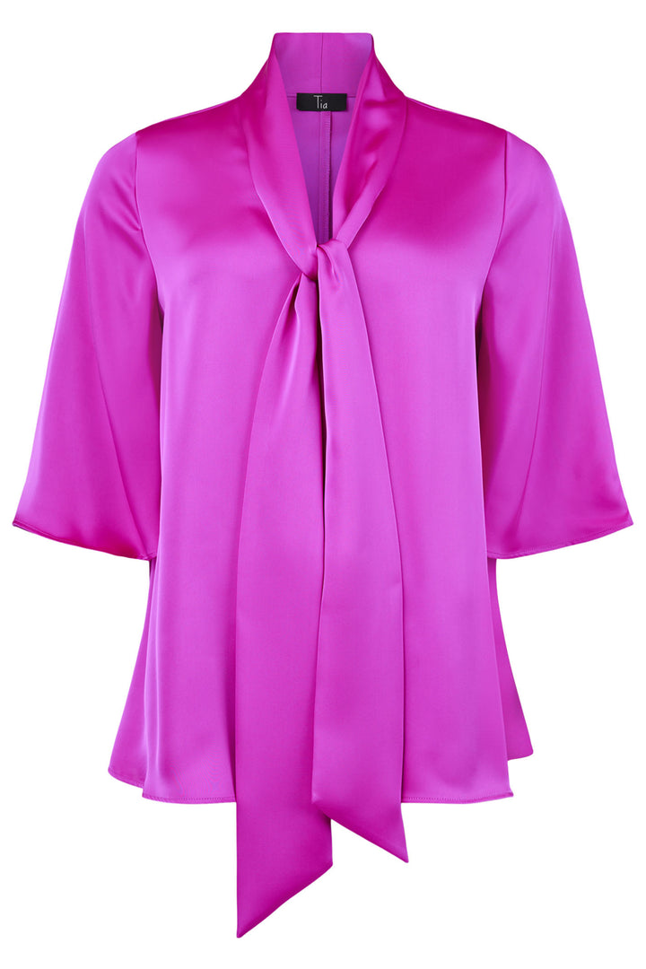 Tia 73063 7580 55 Fuchsia Pink Tie Neck Satin Top - Rouge Boutique Inverness