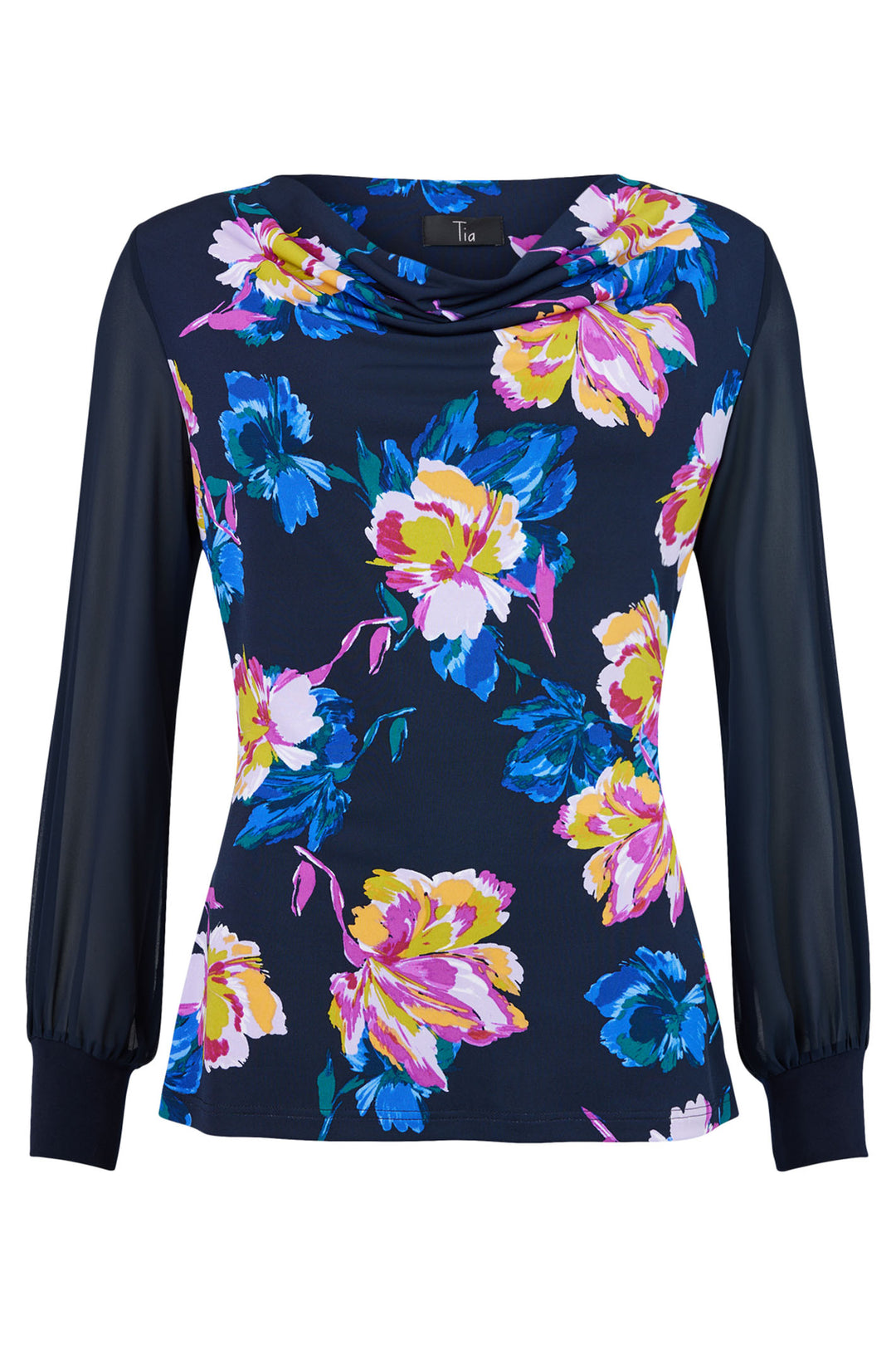 Tia 73065 7826 69 Navy Floral Print Long Sleeve Cowl Neck Top - Rouge Boutique Inverness