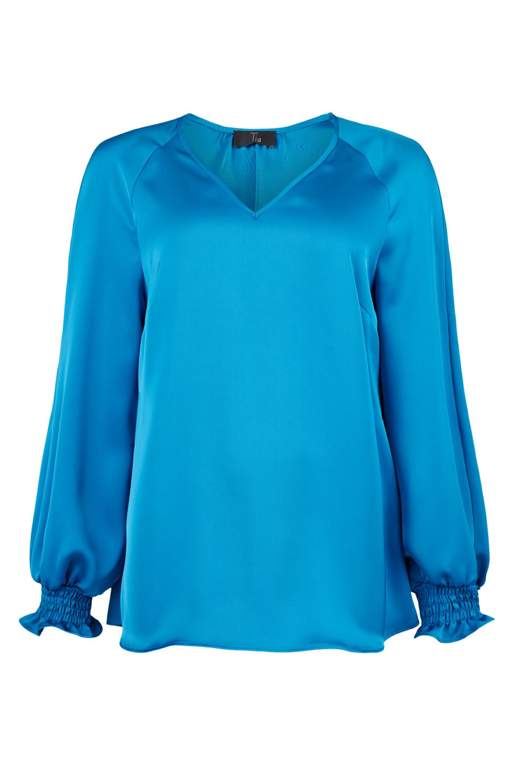 Tia 73075 Teal Satin V Neck Cuffed Top - Rouge Boutique Inverness