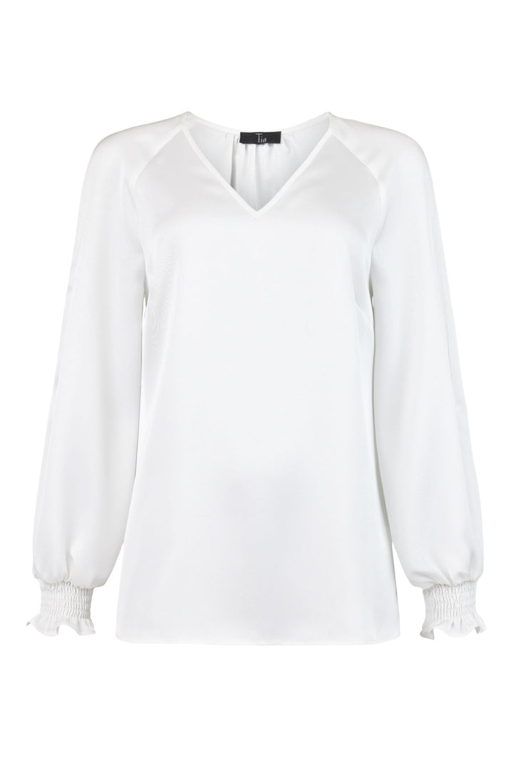 Tia 73075 White Satin V Neck Cuffed Top - Rouge Boutique Inverness