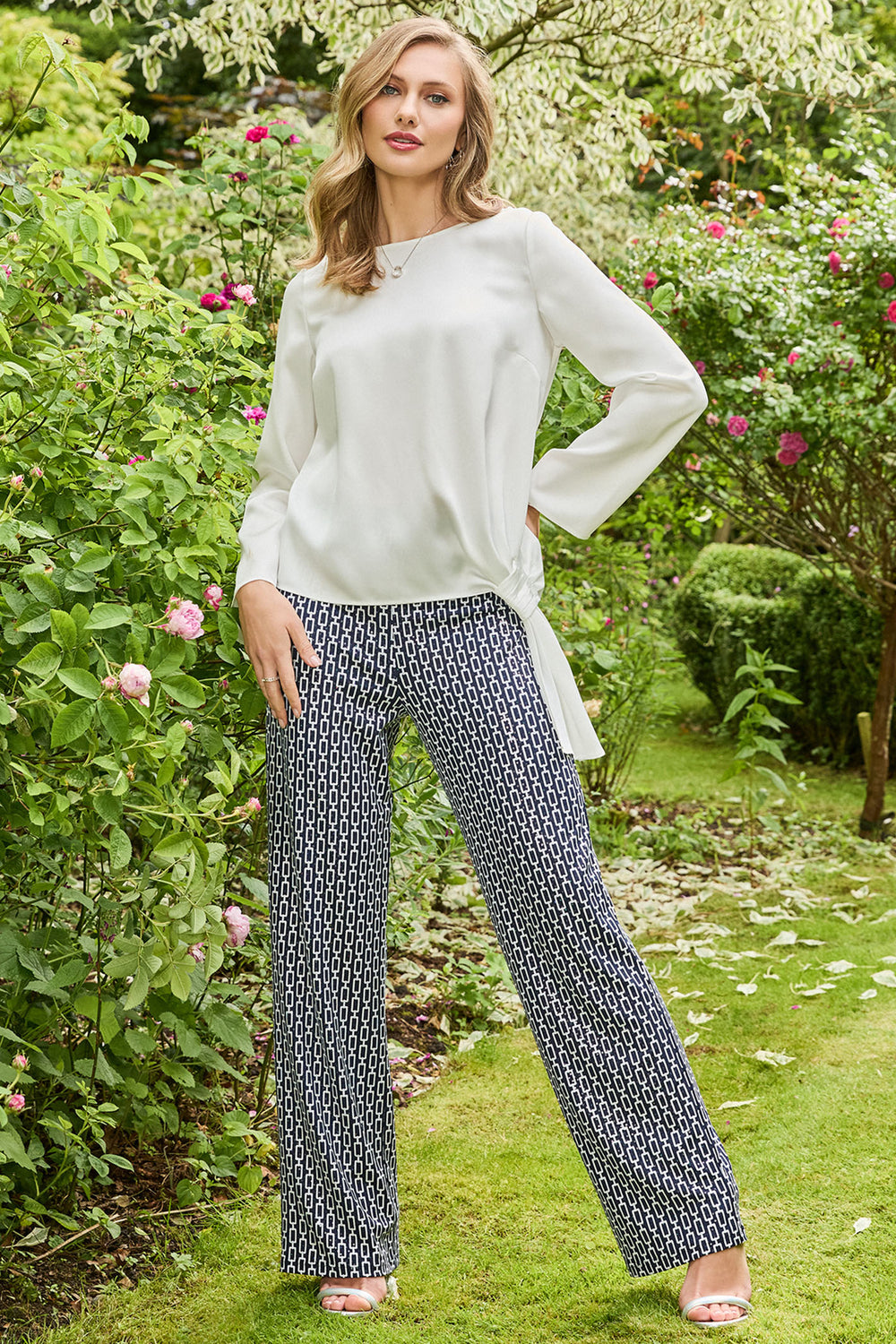 Tia 73077 White Tie Waist Long Sleeve Satin Top - Rouge Boutique Inverness