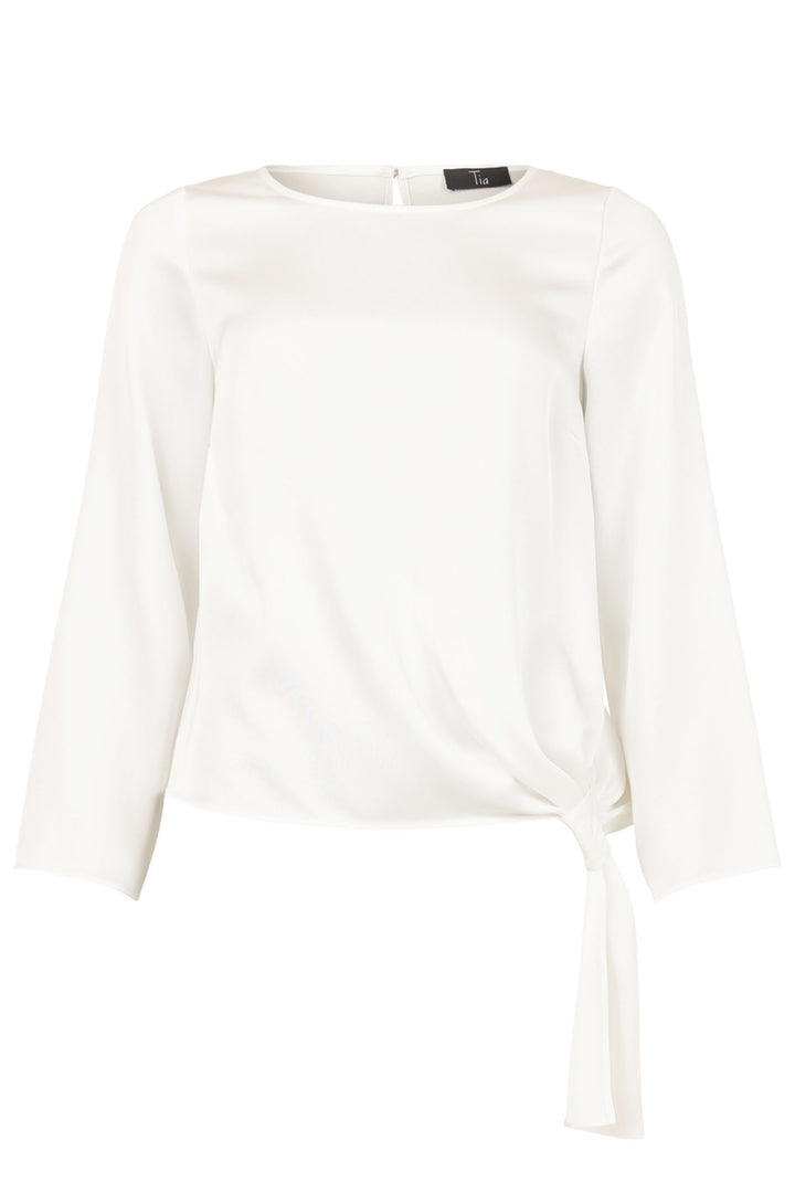 Tia 73077 White Tie Waist Long Sleeve Satin Top - Rouge Boutique Inverness