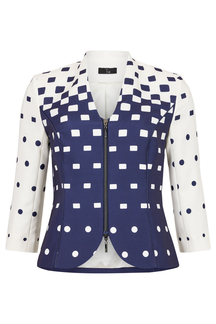 Tia 77644 Navy White Polka Print Zip Front Jacket