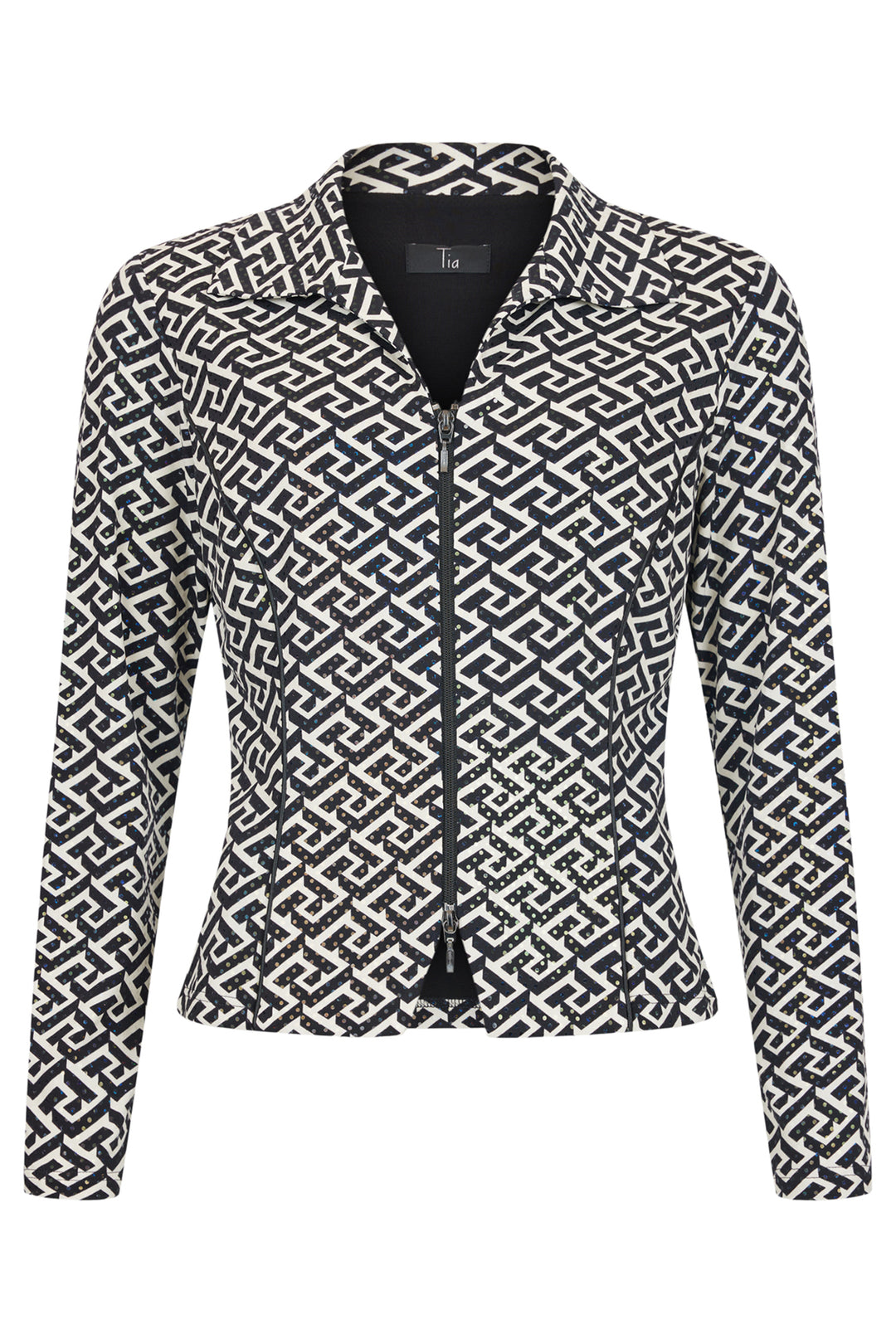 Tia 77661 Geometric Print Zip Front Jacket Black White - Rouge Boutique Inverness