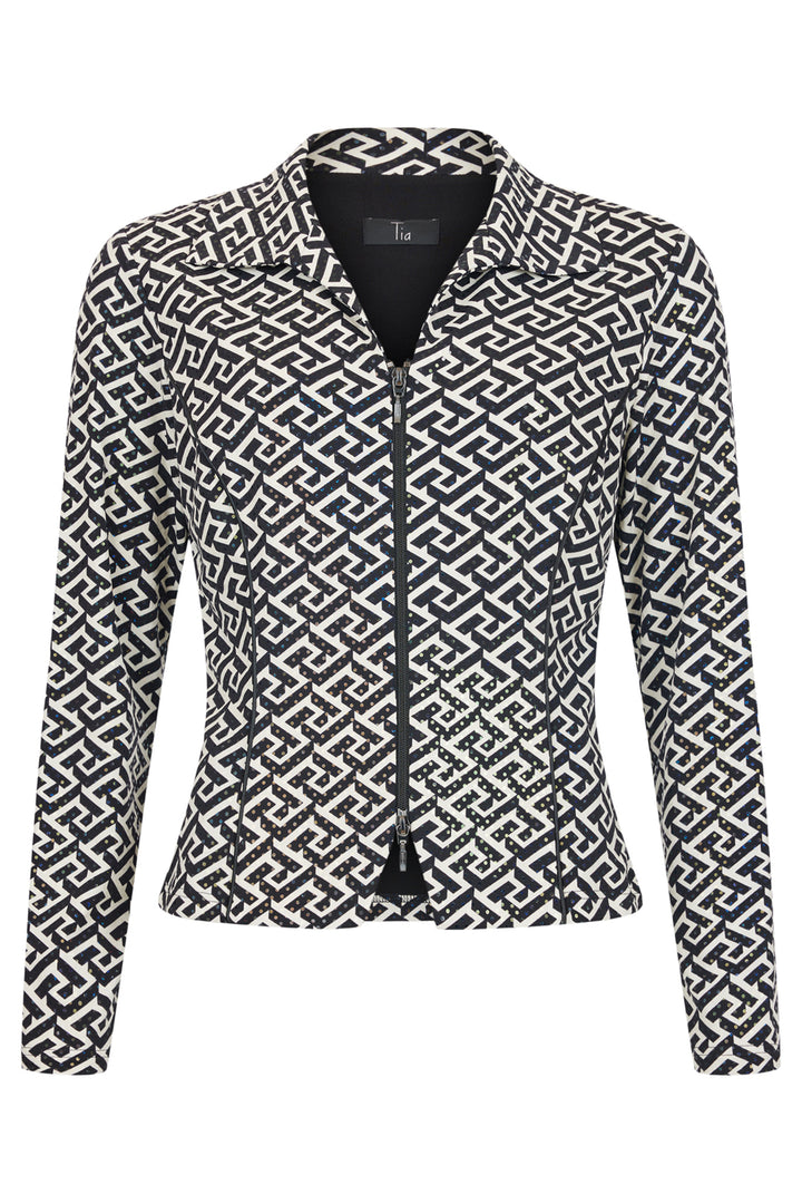 Tia 77661 Geometric Print Zip Front Jacket Black White - Rouge Boutique Inverness