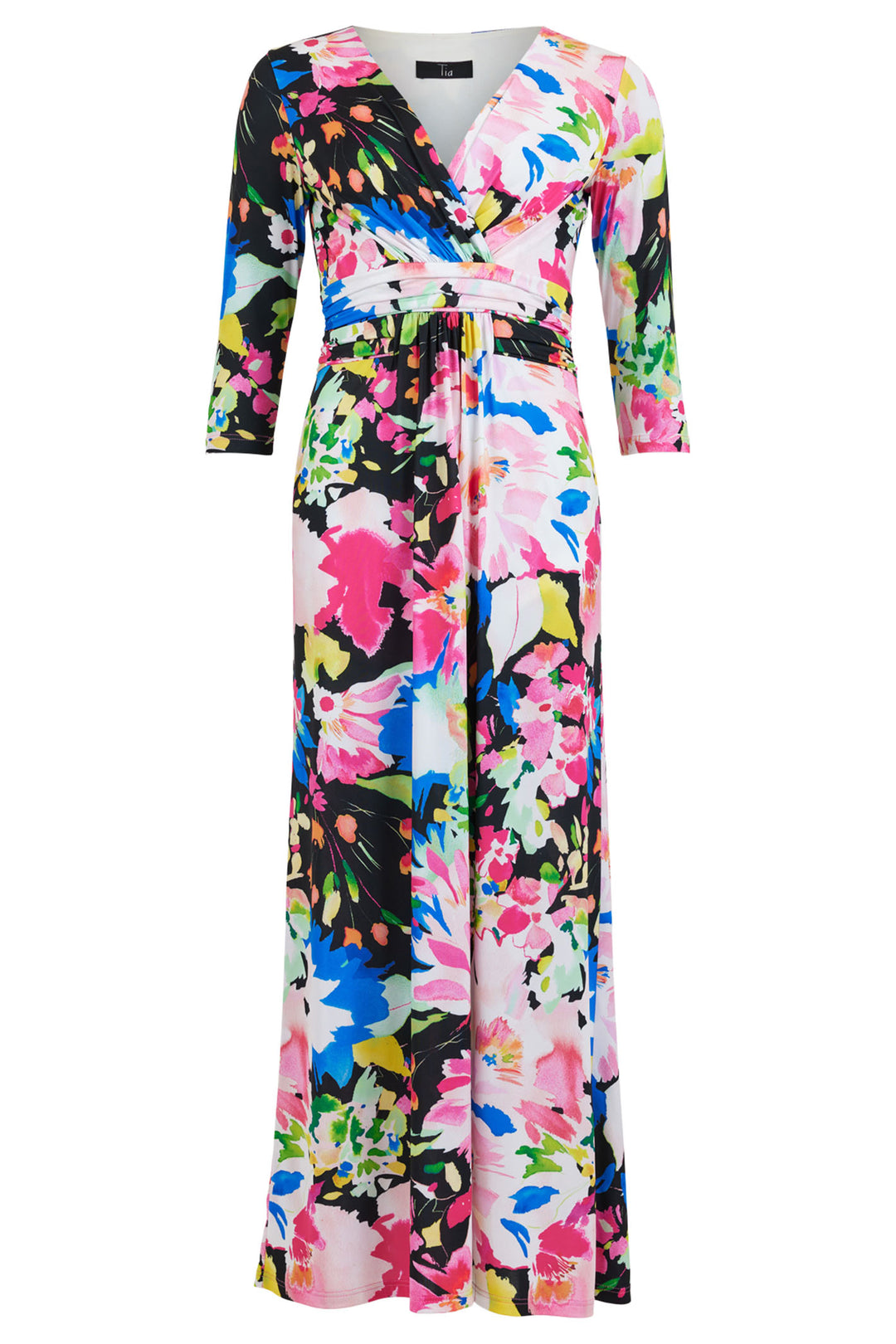 Tia 78076-7824-90 Black Pink Print Long Dress With Sleeves - Rouge Boutique Inverness