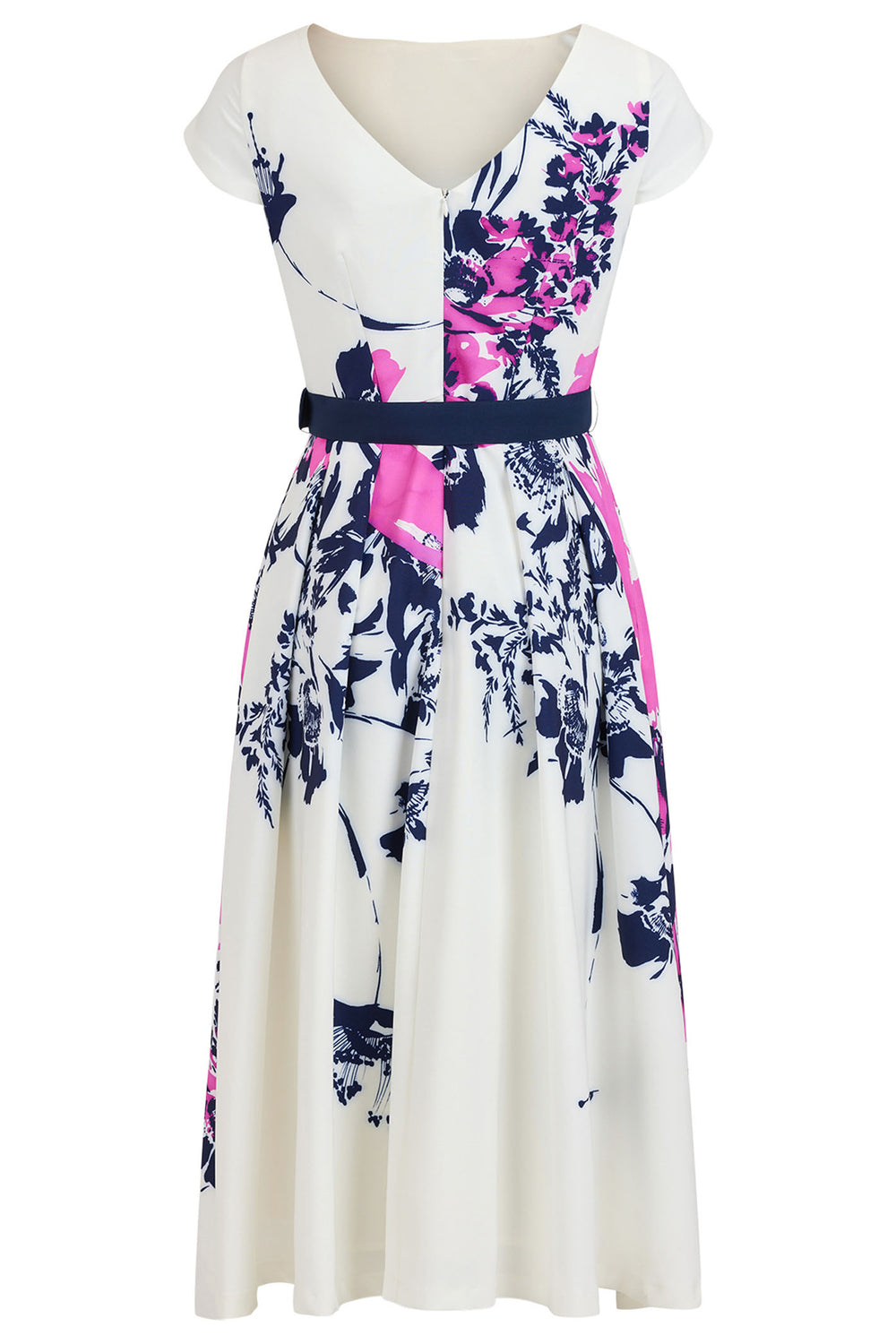 Tia 78175-7805-55 White Navy Pink Print Midi Dress - Rouge Boutique Inverness