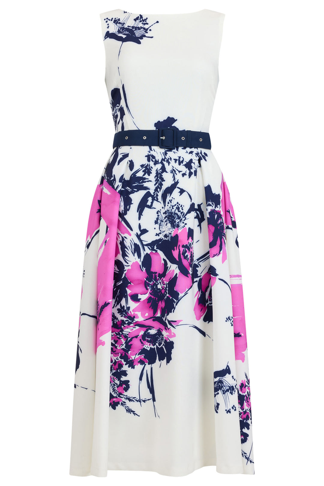 Tia 78175-7805-55 White Navy Pink Print Midi Dress - Rouge Boutique Inverness