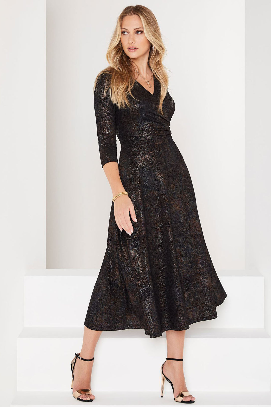Tia 78548 Black Gold Fit and Flare V Neck Sleeved Dress - Rouge Boutique Inverness