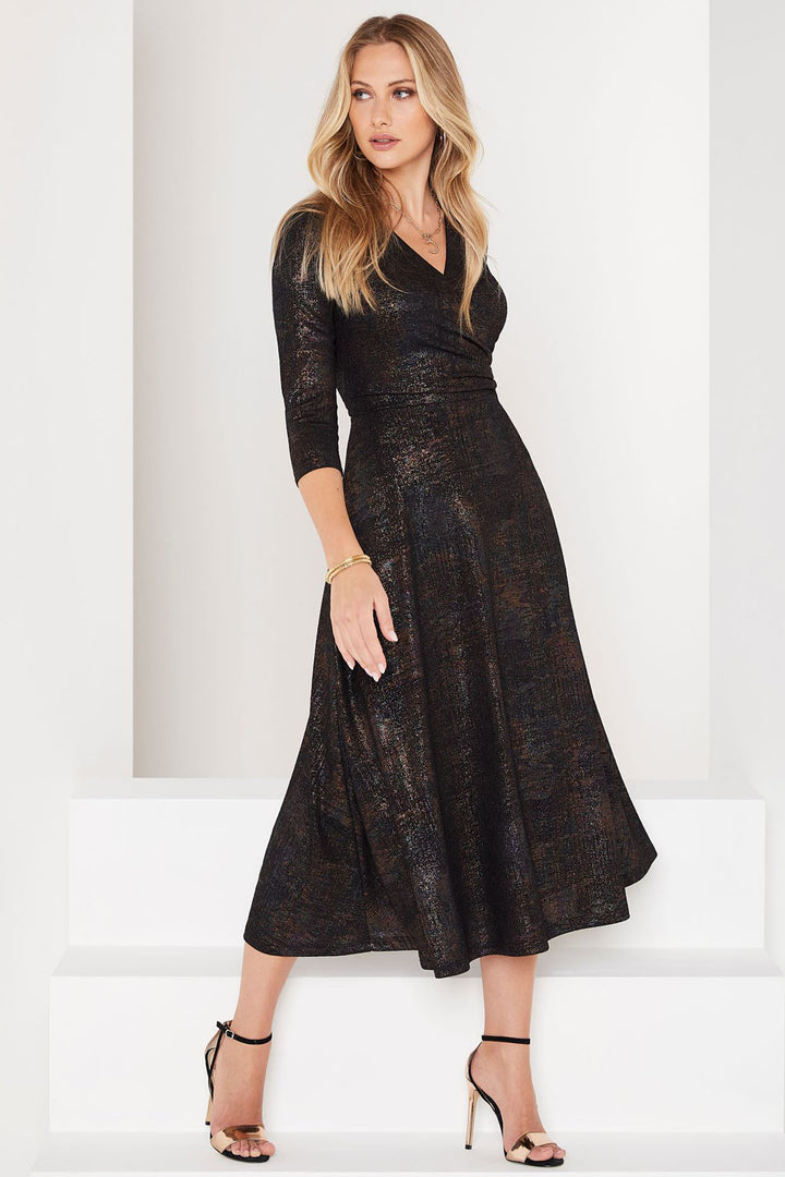 Tia 78548 Black Gold Fit and Flare V Neck Sleeved Dress - Rouge Boutique Inverness