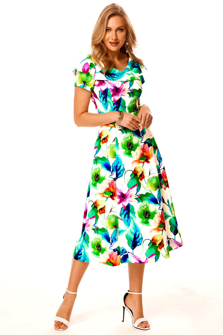Tia 78698-7807-12 Blue Multicolout Print Short Sleeve Midi Dress - Rouge Boutique Inverness