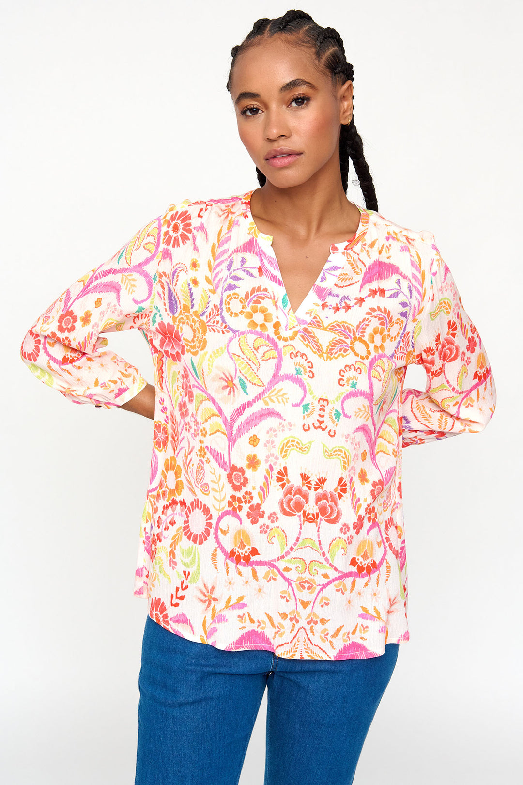 Tinta Adelaida Pink Multicolour Print Split Neck Top - Rouge Boutique Inverness