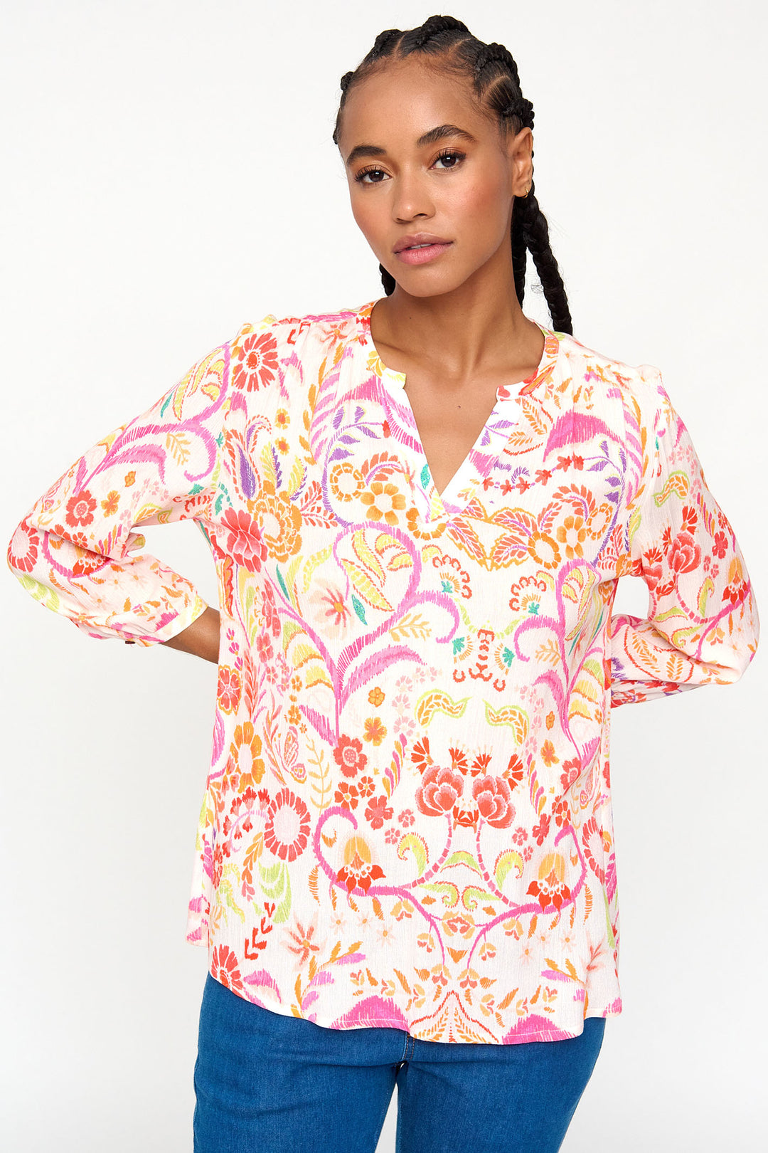 Tinta Adelaida Pink Multicolour Print Split Neck Top - Rouge Boutique Inverness