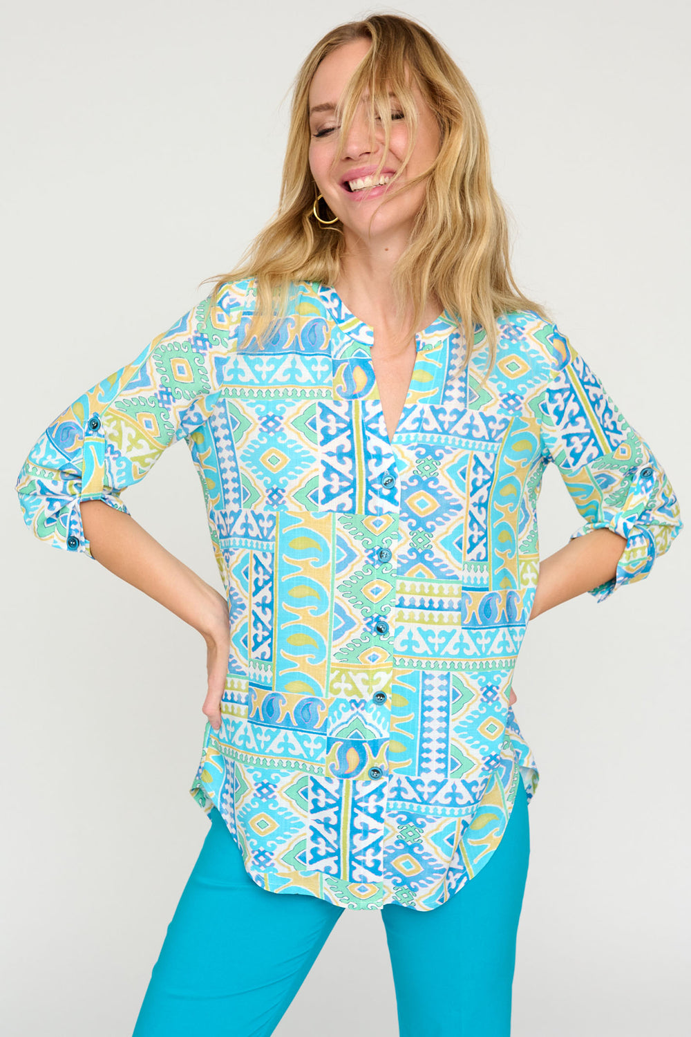 Tinta Batia Turquoise Blue Patch Print Split Neck Shirt - Rouge Boutique Inverness