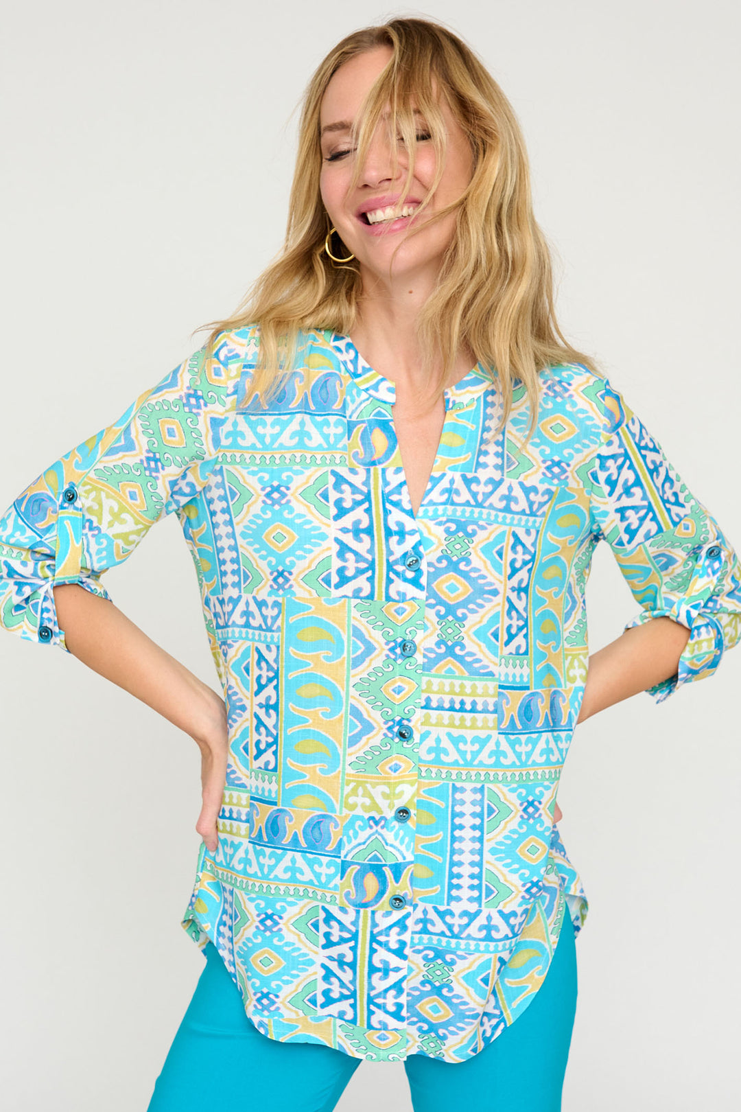 Tinta Batia Turquoise Blue Patch Print Split Neck Shirt - Rouge Boutique Inverness