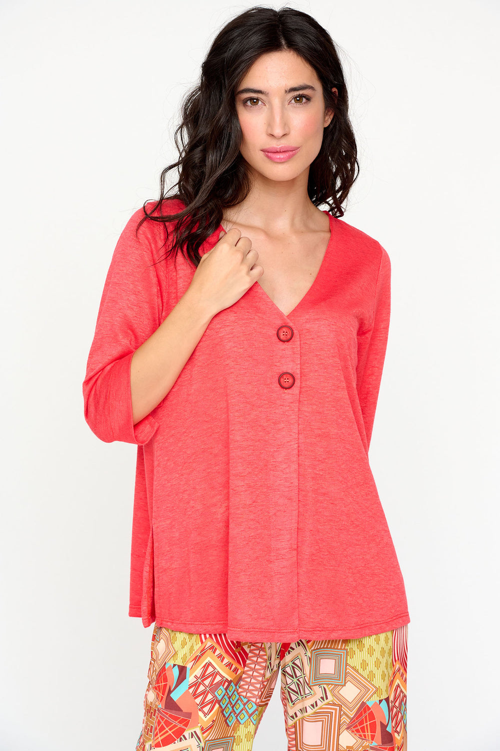 Tinta Berta Coral Button Front V-Neck Half Sleeve Top - Rouge Boutique Inverness