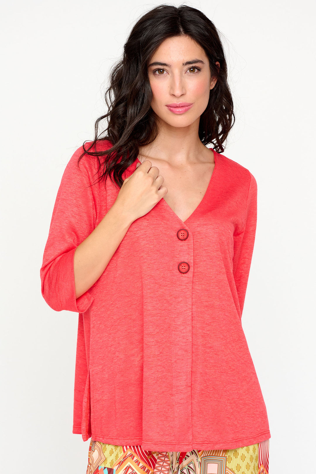 Tinta Berta Coral Button Front V-Neck Half Sleeve Top - Rouge Boutique Inverness