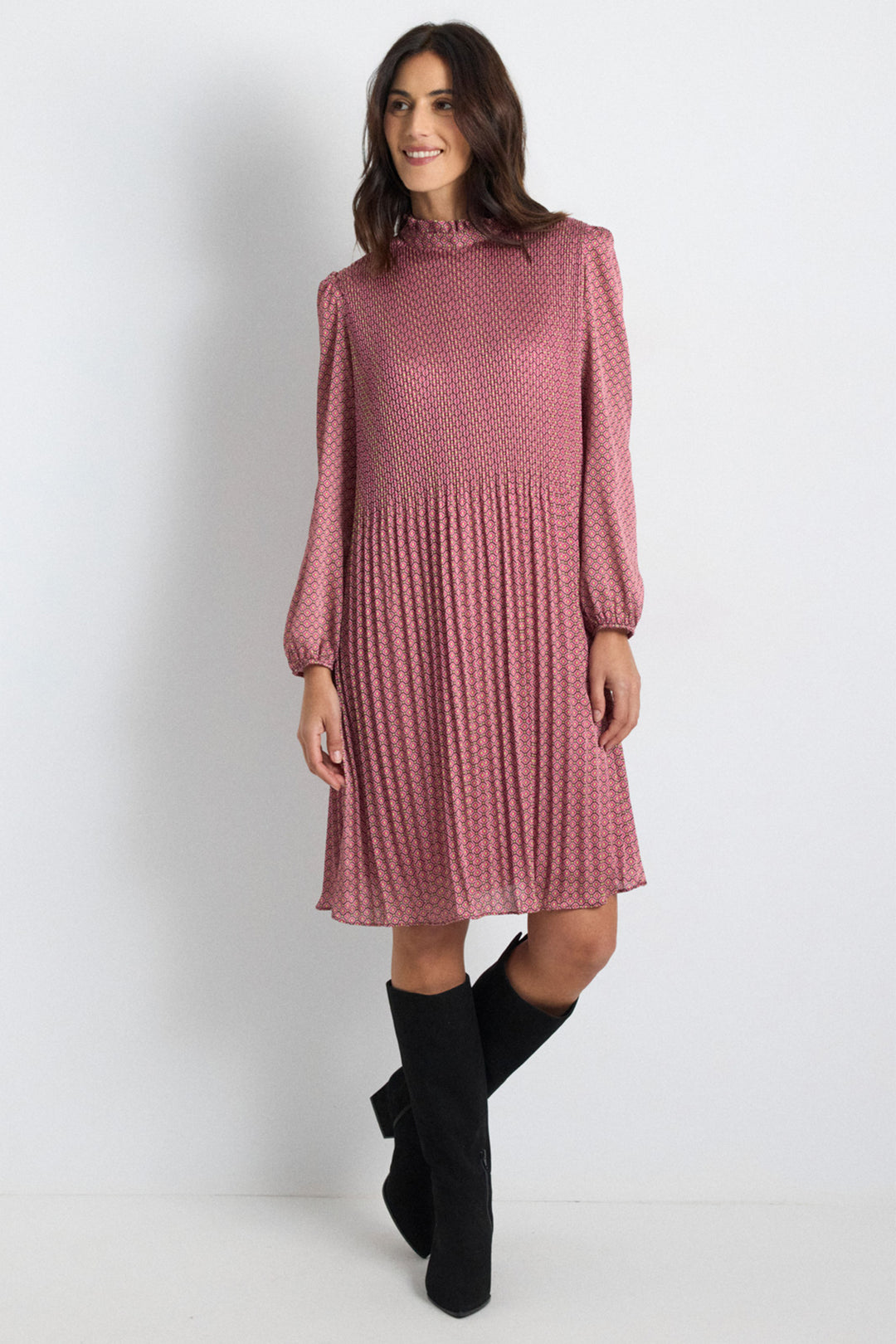 Tinta Bronte Prune Pink Pleat Skirt Long Sleeve Dress, full length