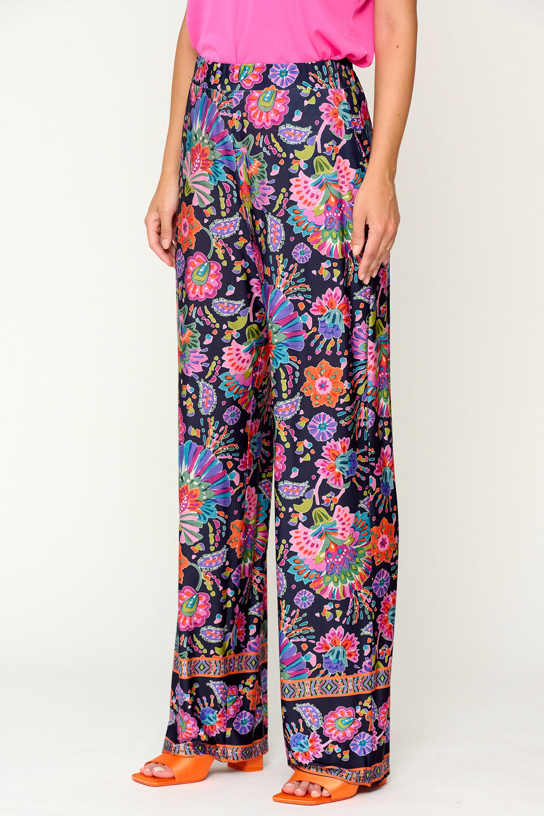 Tinta Canan Navy Blue Multicolour Floral Print Satin Wide Leg Trouser - Rouge Boutique Inverness