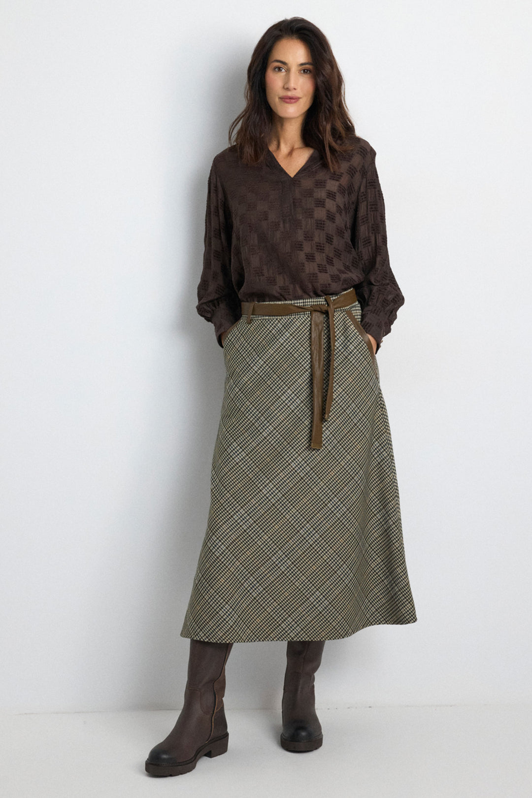 Tinta Cene Camel Check Multicolour Midi Skirt, full length, styled