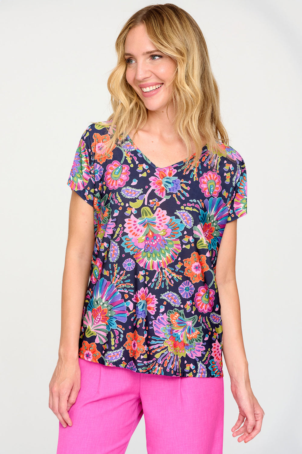 Tinta Daril Print Navy Multicolour Print V-Neck Short Sleeve Top - Rouge Boutique Inverness