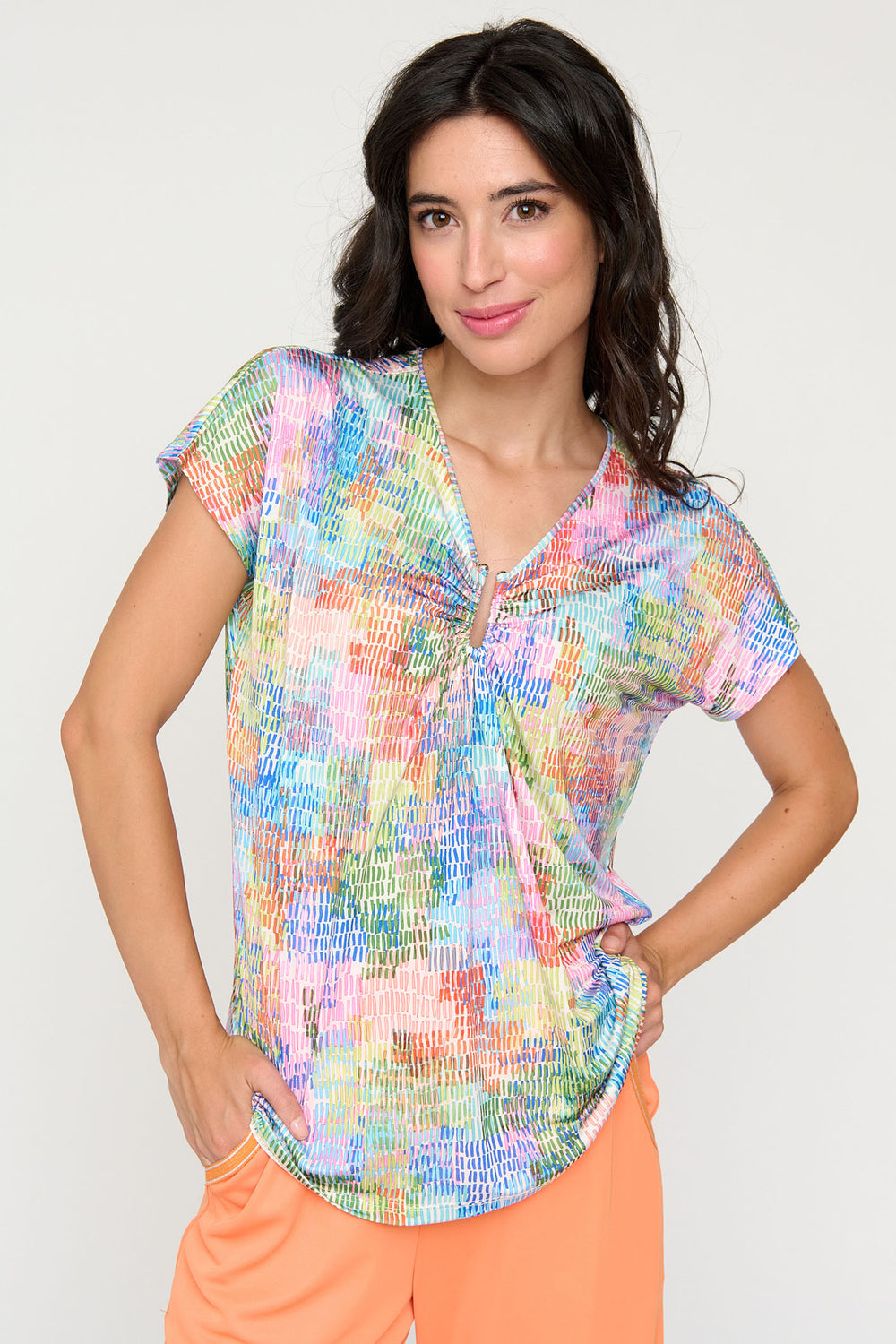 Tinta Diega Blue Multicolour Print U-Bar Neck Short Sleeve Top - Rouge Boutique Inverness