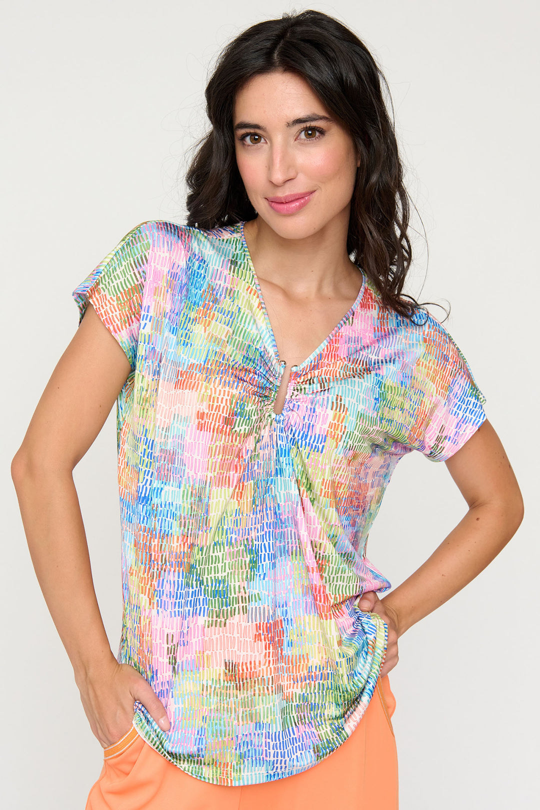 Tinta Diega Blue Multicolour Print U-Bar Neck Short Sleeve Top - Rouge Boutique Inverness