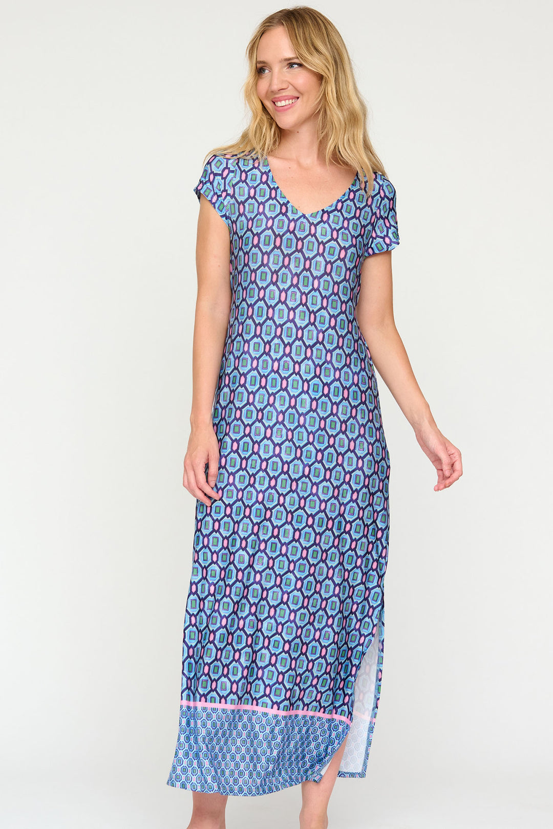 Tinta Pili24 Blue Print V-Neck Short Sleeve Dress - Rouge Boutique Inverness